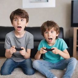 Two cartoon-style anime brothers immersed in an exciting video game on their TV. One is rapt in concentration, joystick in hand, while the other cheers him on.