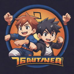 An anime-style logo with two cartoon brothers engaging in a thrilling video game battle. They're happy, focused, and the vibe is energetic, encapsulating the fun of gaming.