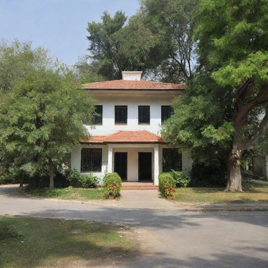 An image of a suburb neighborhood office titled 'Council Shamir Garhi', surrounded by lush greenery and quaint houses