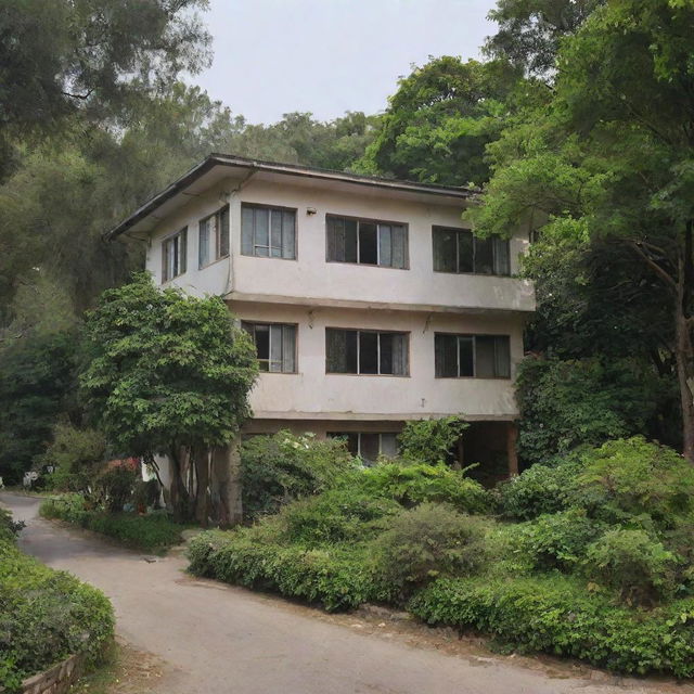 An image of a suburb neighborhood office titled 'Council Shamir Garhi', surrounded by lush greenery and quaint houses