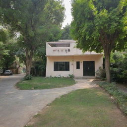 An image of a suburb neighborhood office titled 'Council Shamir Garhi', surrounded by lush greenery and quaint houses