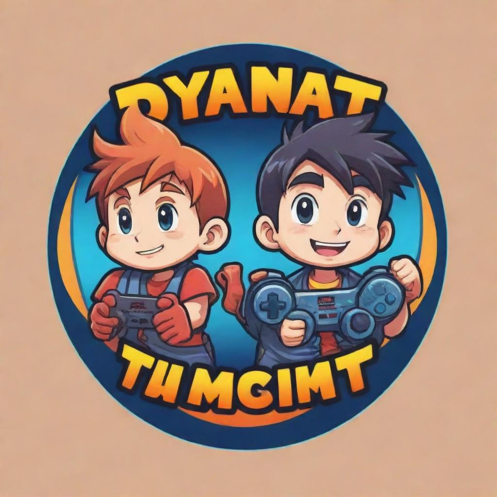 A fun, energetic logo featuring two anime-style cartoon brothers engrossed in a video game. Incorporate the text 'DynamicDuoYt' in a style that complements the playful, gaming-inspired theme.