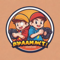 A fun, energetic logo featuring two anime-style cartoon brothers engrossed in a video game. Incorporate the text 'DynamicDuoYt' in a style that complements the playful, gaming-inspired theme.