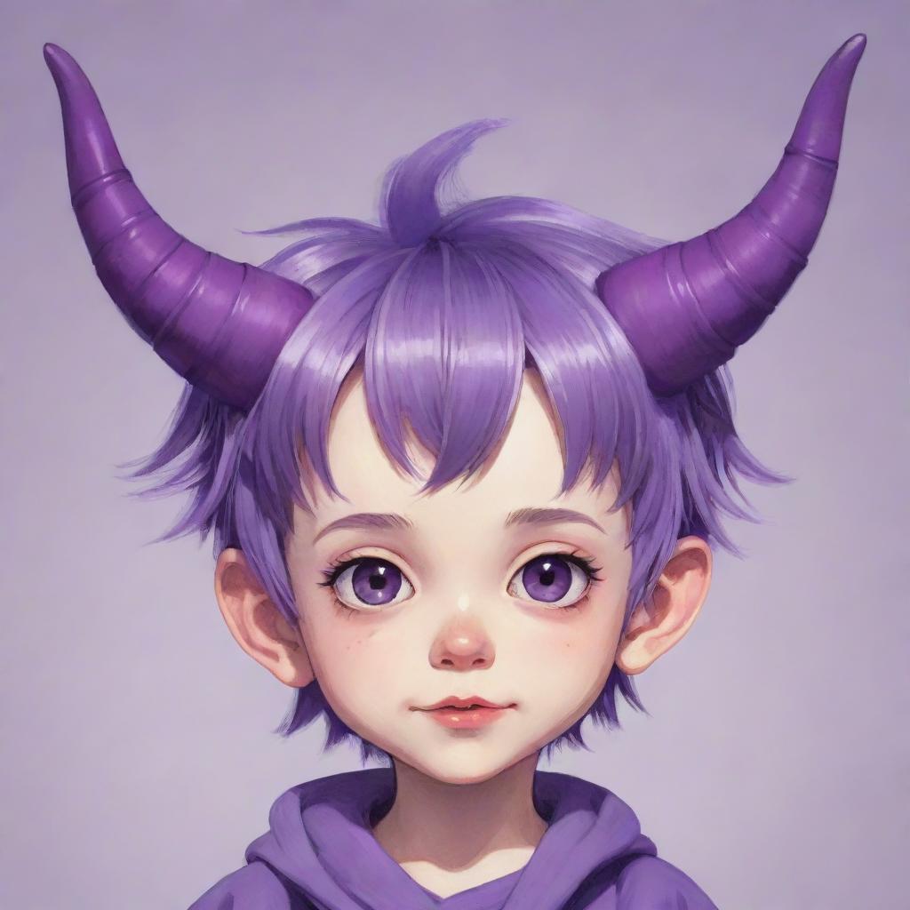 Anime-style illustration of a cool miniature child with purple horns extending from its head.