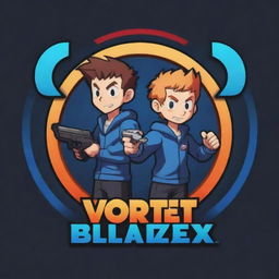 An animated logo in the style of anime showing two cartoon brothers immersed in a video game. The text 'VorteX BlazeX' should be creatively incorporated, reflecting the gaming, dynamic brotherly bond.