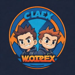 An animated logo in the style of anime showing two cartoon brothers immersed in a video game. The text 'VorteX BlazeX' should be creatively incorporated, reflecting the gaming, dynamic brotherly bond.