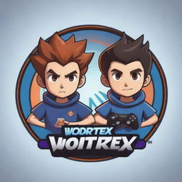 An animated logo in the style of anime showing two cartoon brothers immersed in a video game. The text 'VorteX BlazeX' should be creatively incorporated, reflecting the gaming, dynamic brotherly bond.