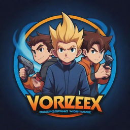 An animated logo in the style of anime showing two cartoon brothers immersed in a video game. The text 'VorteX BlazeX' should be creatively incorporated, reflecting the gaming, dynamic brotherly bond.