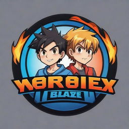 Design a perfect anime-style cartoon logo with two brothers engrossed in playing a video game. Prominently feature the text 'VorteX BlazeX' in an engaging font that complements the gaming theme.