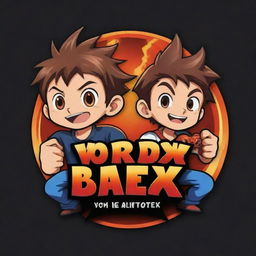 Design a perfect anime-style cartoon logo with two brothers engrossed in playing a video game. Prominently feature the text 'VorteX BlazeX' in an engaging font that complements the gaming theme.