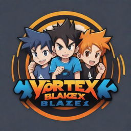 Design a perfect anime-style cartoon logo with two brothers engrossed in playing a video game. Prominently feature the text 'VorteX BlazeX' in an engaging font that complements the gaming theme.