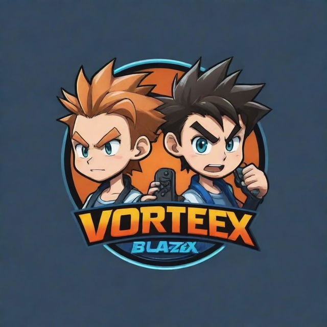 Design a perfect anime-style cartoon logo with two brothers engrossed in playing a video game. Prominently feature the text 'VorteX BlazeX' in an engaging font that complements the gaming theme.