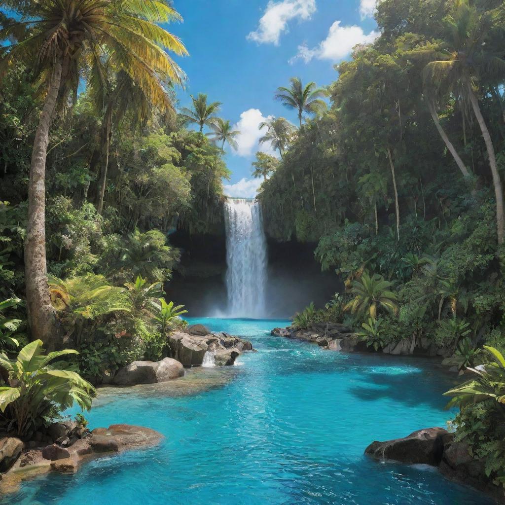 A vivid depiction of paradise, with lush tropical trees, sparkling turquoise ocean, dazzling sunshine, and a peaceful waterfall cascading into a pristine pool.