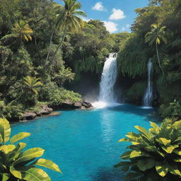 A vivid depiction of paradise, with lush tropical trees, sparkling turquoise ocean, dazzling sunshine, and a peaceful waterfall cascading into a pristine pool.