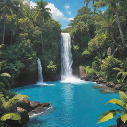 A vivid depiction of paradise, with lush tropical trees, sparkling turquoise ocean, dazzling sunshine, and a peaceful waterfall cascading into a pristine pool.