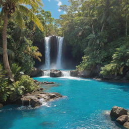 A vivid depiction of paradise, with lush tropical trees, sparkling turquoise ocean, dazzling sunshine, and a peaceful waterfall cascading into a pristine pool.