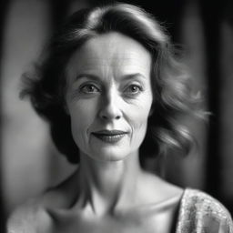 A captivating black and white photograph, taken with a Hasselblad camera, depicting a woman known as 'Immortal Beloved'