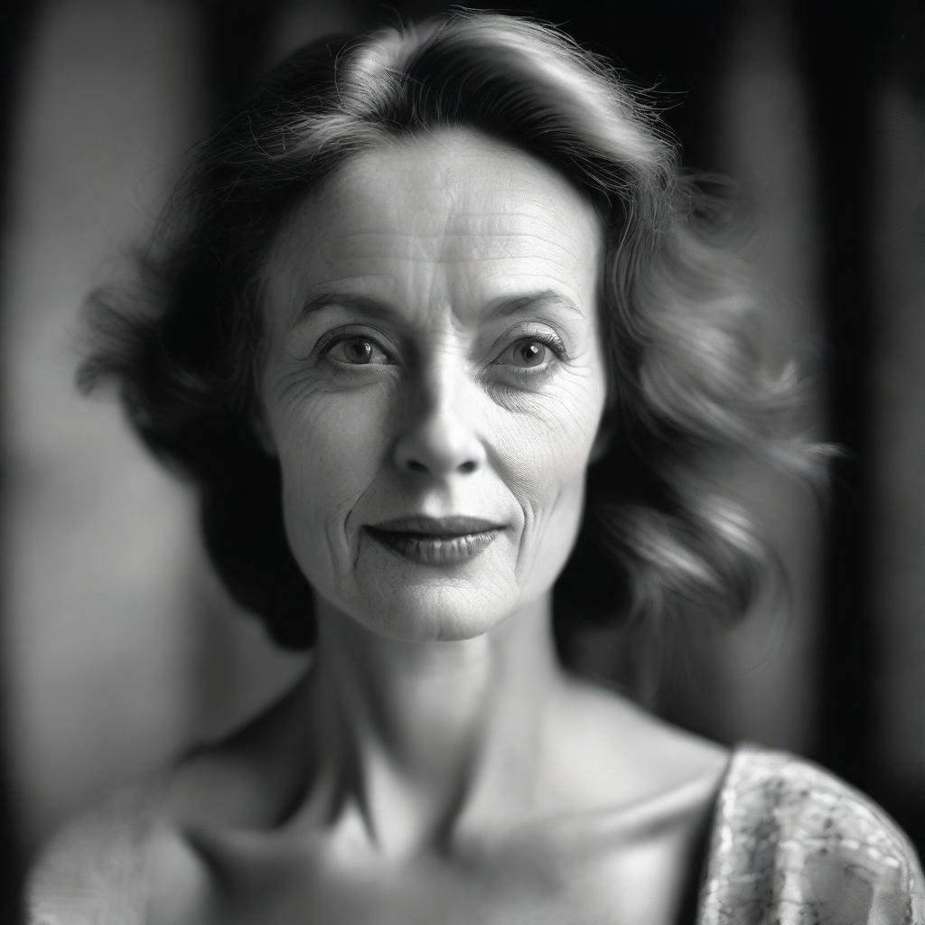 A captivating black and white photograph, taken with a Hasselblad camera, depicting a woman known as 'Immortal Beloved'