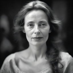 A captivating black and white photograph, taken with a Hasselblad camera, depicting a woman known as 'Immortal Beloved'