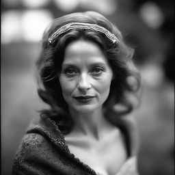A captivating black and white photograph, taken with a Hasselblad camera, depicting a woman known as 'Immortal Beloved'