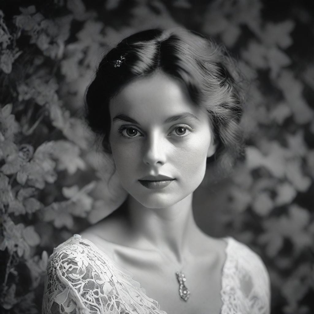 An ultra-realistic black and white photograph of a young woman, known as 'Immortal Beloved', captured with a Hasselblad camera