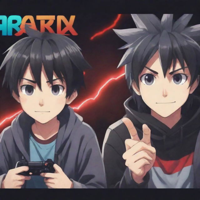 Craft a YouTube banner in anime-cartoon style, spotlighting two brothers avidly playing a video game. Include the text 'VorteX BlazeX' in a style that aligns with the gaming theme. The text must be written impeccably.