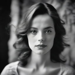An ultra-realistic black and white photograph of a young woman, known as 'Immortal Beloved', captured with a Hasselblad camera