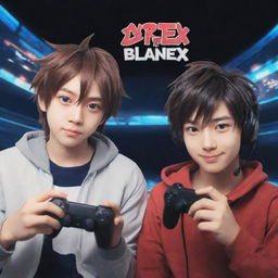 Craft a YouTube banner in anime-cartoon style, spotlighting two brothers avidly playing a video game. Include the text 'VorteX BlazeX' in a style that aligns with the gaming theme. The text must be written impeccably.