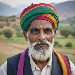 A portrait of a traditional Gujjar man, wearing a colourful turban and a large moustache, with pastoral scenery in the background.