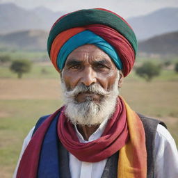 A portrait of a traditional Gujjar man, wearing a colourful turban and a large moustache, with pastoral scenery in the background.