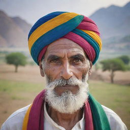 A portrait of a traditional Gujjar man, wearing a colourful turban and a large moustache, with pastoral scenery in the background.