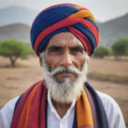 A portrait of a traditional Gujjar man, wearing a colourful turban and a large moustache, with pastoral scenery in the background.