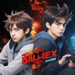 Design a perfect YouTube banner in the style of anime cartoons, showcasing two brothers fully engaged in a video game. The banner should brilliantly blend in the text 'VorteX BlazeX', showcasing the fun and spirit of gaming.