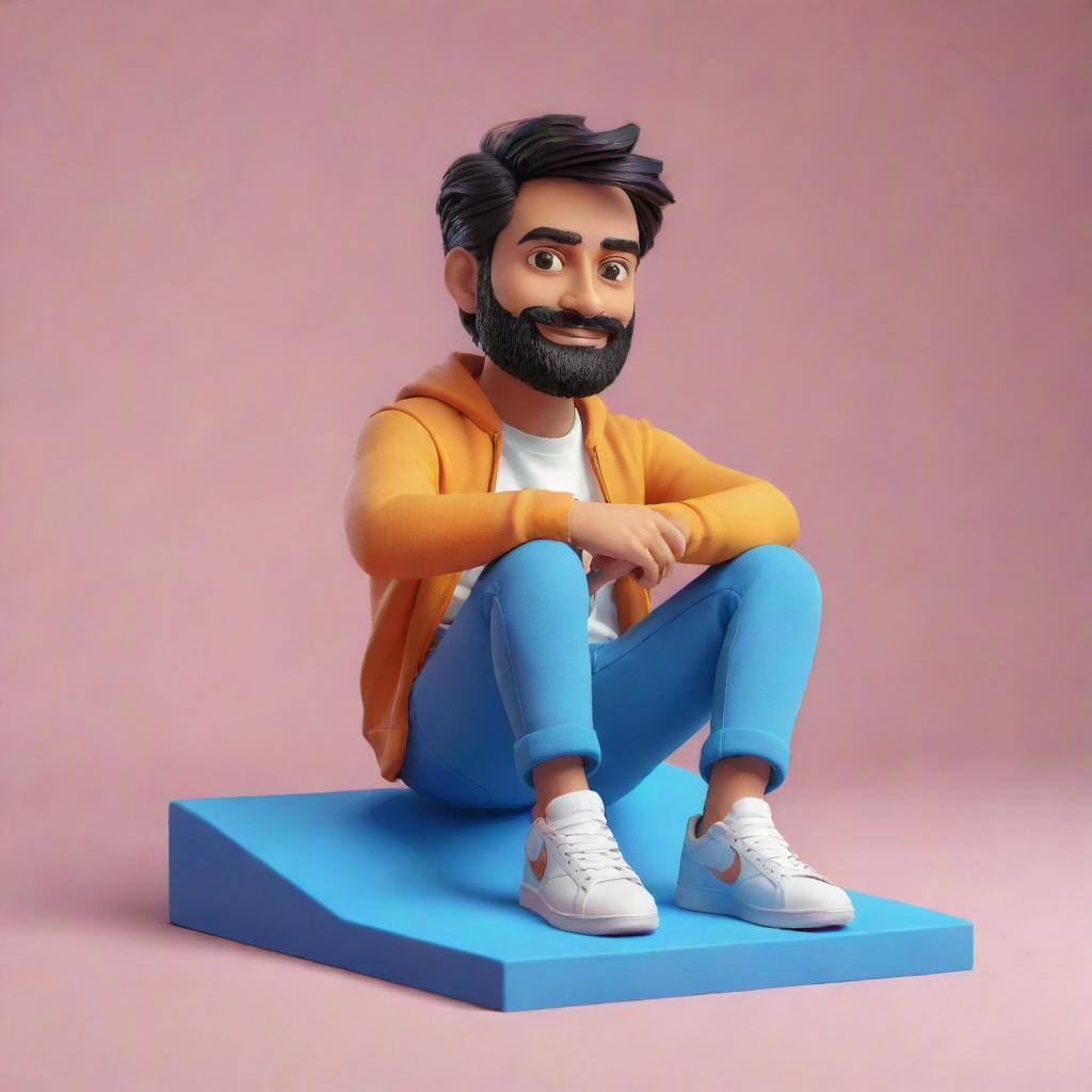 Generate a 3D illustration featuring an animated character sitting casually on an Instagram logo. The background is an Instagram user profile named 'Pawan', complete with a matching profile picture.