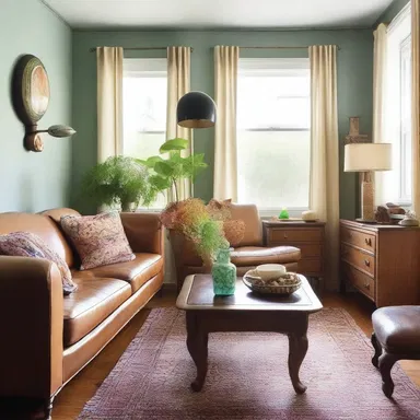 The eclectic living room was decorated with an assortment of vintage lamps, quirky knick-knacks, and other interesting whatnot that added character to the space.