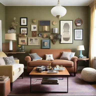 The eclectic living room was decorated with an assortment of vintage lamps, quirky knick-knacks, and other interesting whatnot that added character to the space.