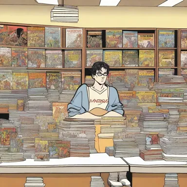 In the background of the panel, there were stacks of comic books, action figures, posters, and all sorts of nerdy whatnot, revealing the protagonist's obsession with pop culture.