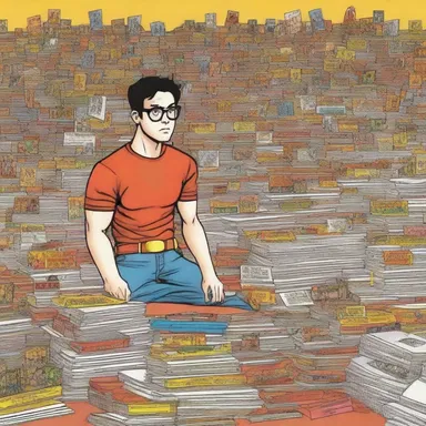 In the background of the panel, there were stacks of comic books, action figures, posters, and all sorts of nerdy whatnot, revealing the protagonist's obsession with pop culture.