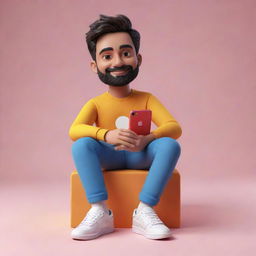 Generate a 3D illustration featuring an animated character sitting casually on an Instagram logo. The background is an Instagram user profile named 'Pawan', complete with a matching profile picture.