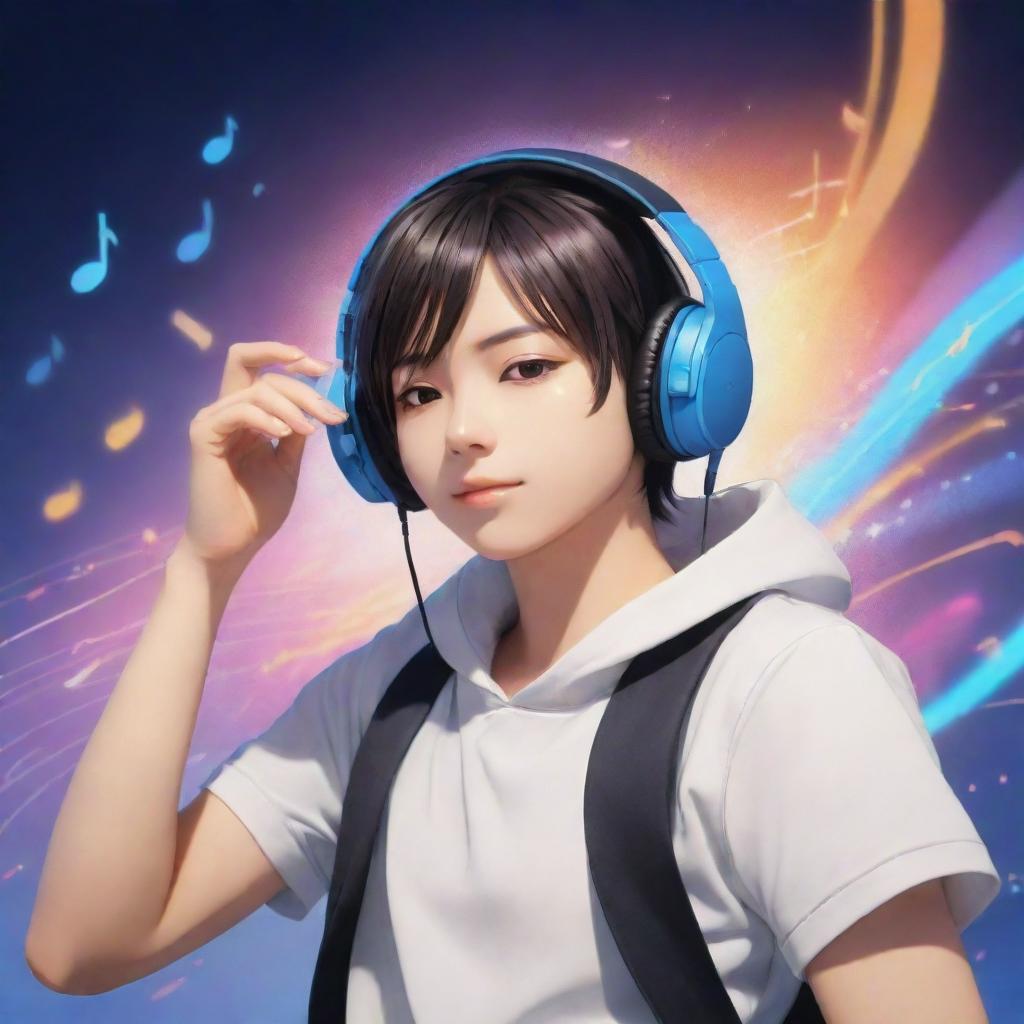 Anime character peacefully enjoying music through headphones, with notes and rhythms flowing around him/her in a vivid scene