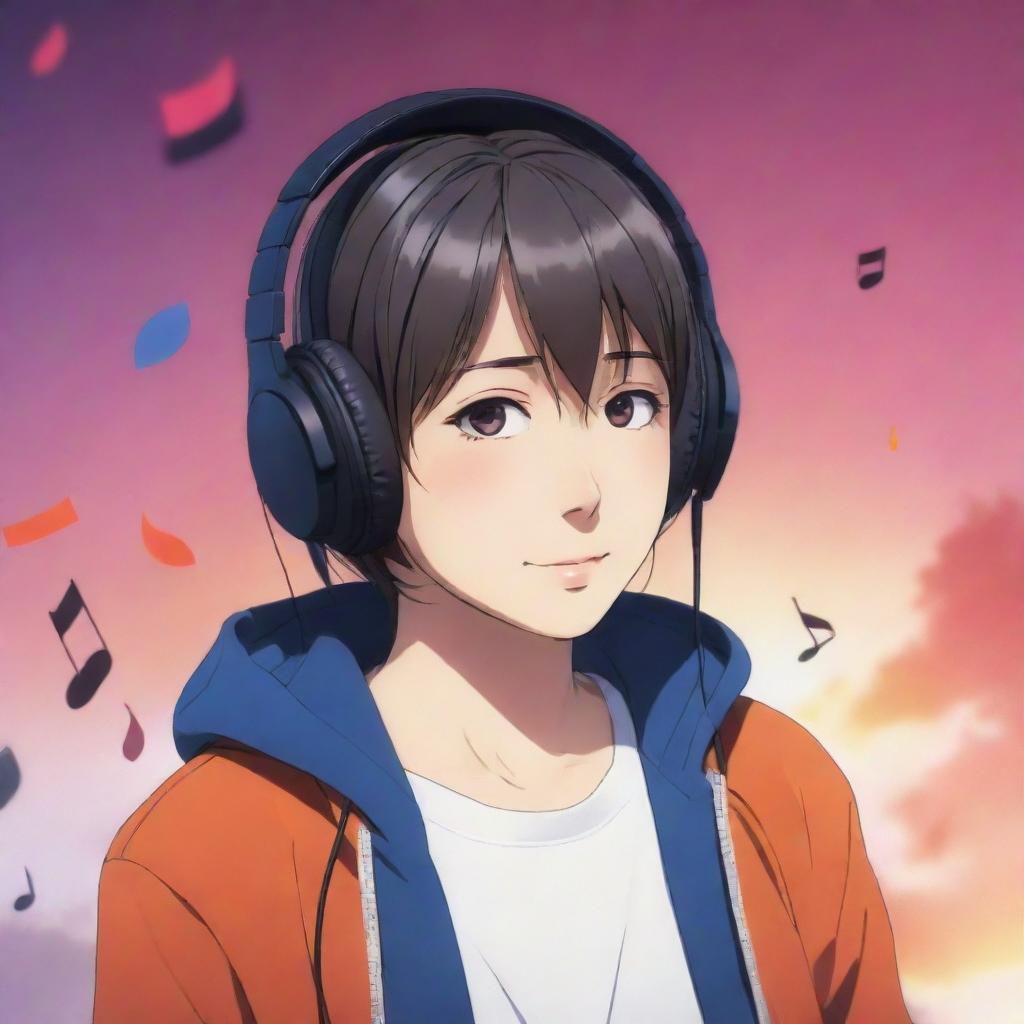 Anime character peacefully enjoying music through headphones, with notes and rhythms flowing around him/her in a vivid scene