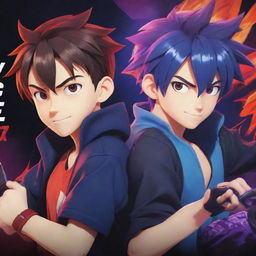 Create a YouTube banner featuring two cartoon anime style brothers deeply engrossed in a video game. The scene is vibrant and lively. Seamlessly integrate the text 'VorteX BlazeX' in perfect harmony with the animated gaming theme.