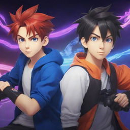 Create a YouTube banner featuring two cartoon anime style brothers deeply engrossed in a video game. The scene is vibrant and lively. Seamlessly integrate the text 'VorteX BlazeX' in perfect harmony with the animated gaming theme.