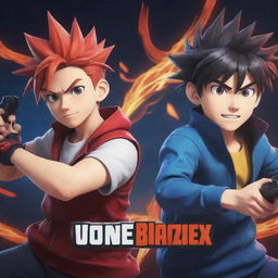 Create a YouTube banner featuring two cartoon anime style brothers deeply engrossed in a video game. The scene is vibrant and lively. Seamlessly integrate the text 'VorteX BlazeX' in perfect harmony with the animated gaming theme.