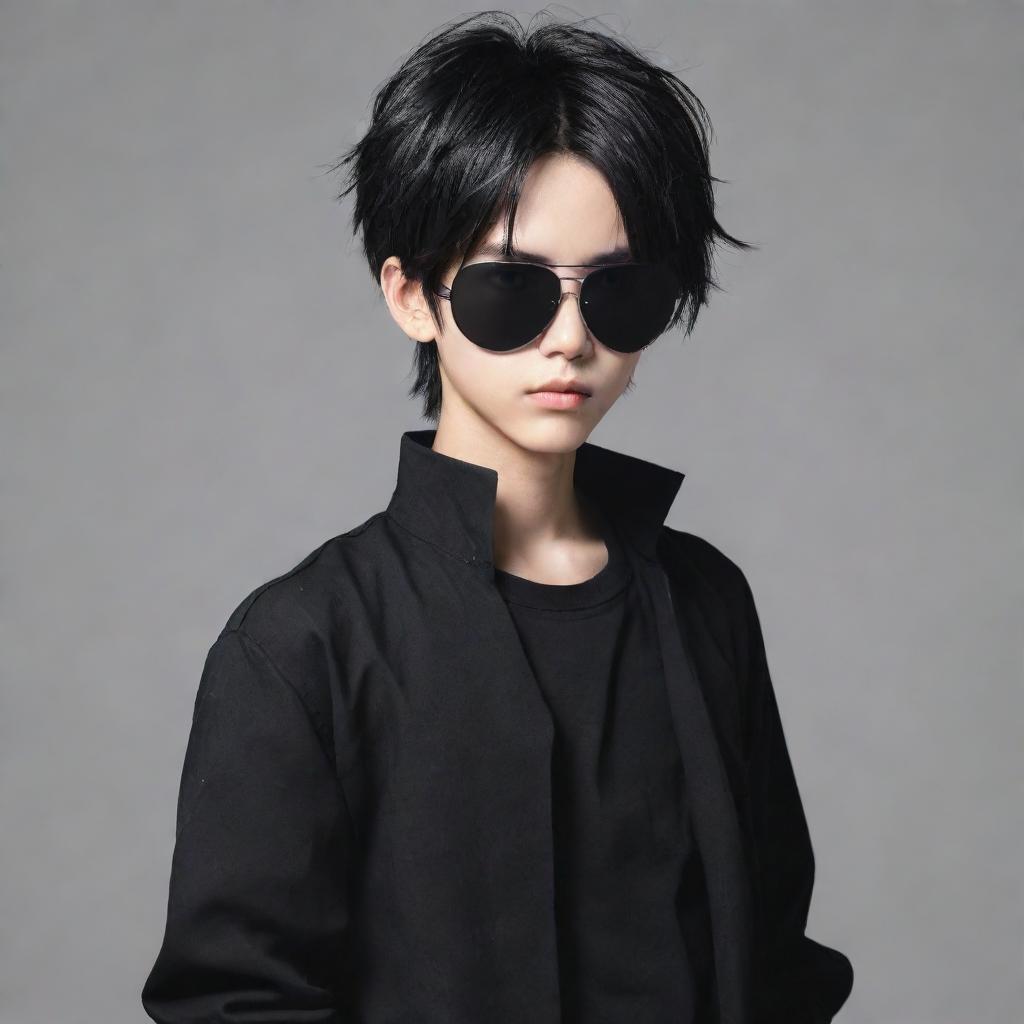 A cool anime-style boy wearing a black outfit and an eye patch