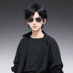 A cool anime-style boy wearing a black outfit and an eye patch