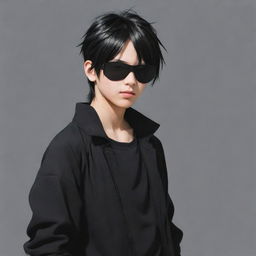 A cool anime-style boy wearing a black outfit and an eye patch