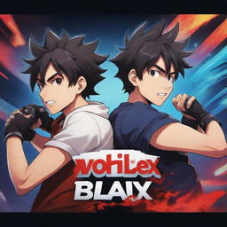 Design a striking YouTube banner in a cartoon anime style. It should depict two brothers passionately playing video games. Make sure to incorporate the text 'VorteX BlazeX' seamlessly, reflecting the high energy and camaraderie of the gaming scene.