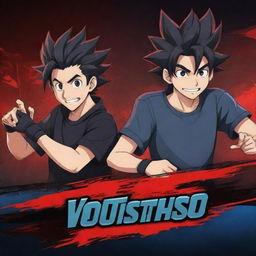 Design a striking YouTube banner in a cartoon anime style. It should depict two brothers passionately playing video games. Make sure to incorporate the text 'VorteX BlazeX' seamlessly, reflecting the high energy and camaraderie of the gaming scene.