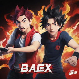 Design a striking YouTube banner in a cartoon anime style. It should depict two brothers passionately playing video games. Make sure to incorporate the text 'VorteX BlazeX' seamlessly, reflecting the high energy and camaraderie of the gaming scene.